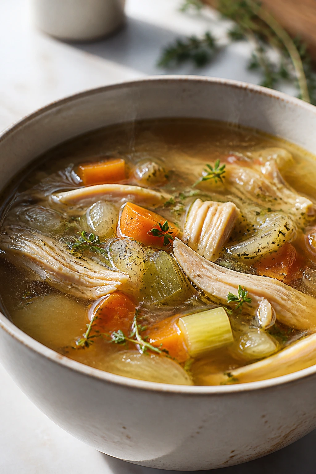 Steaming soup bowl with clear glossy broth in bright kitchen