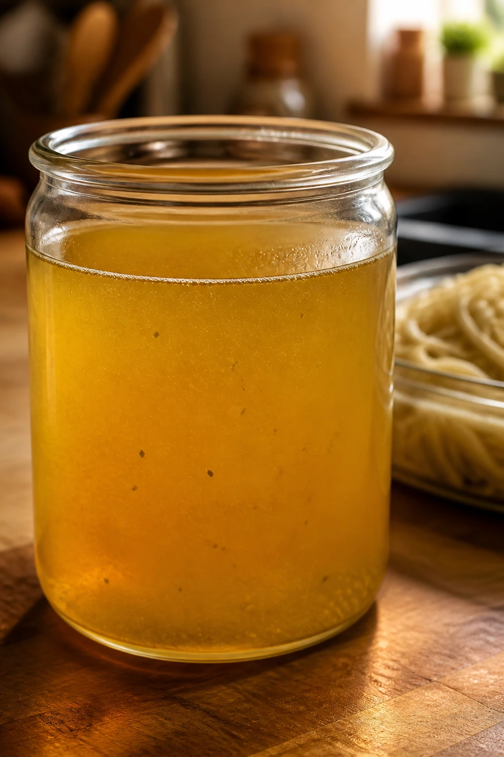 Glass jar of broth on kitchen counter with noodles nearby