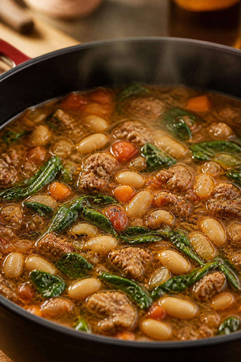 Brothy bean-laced soup base with sausage and cannellini beans in a pot