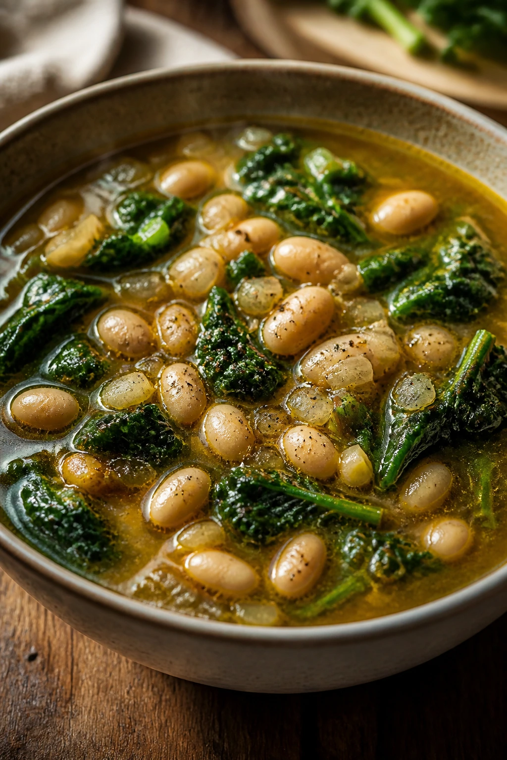 Close-up of brothy beans and greens in a bowl on a kitchen table