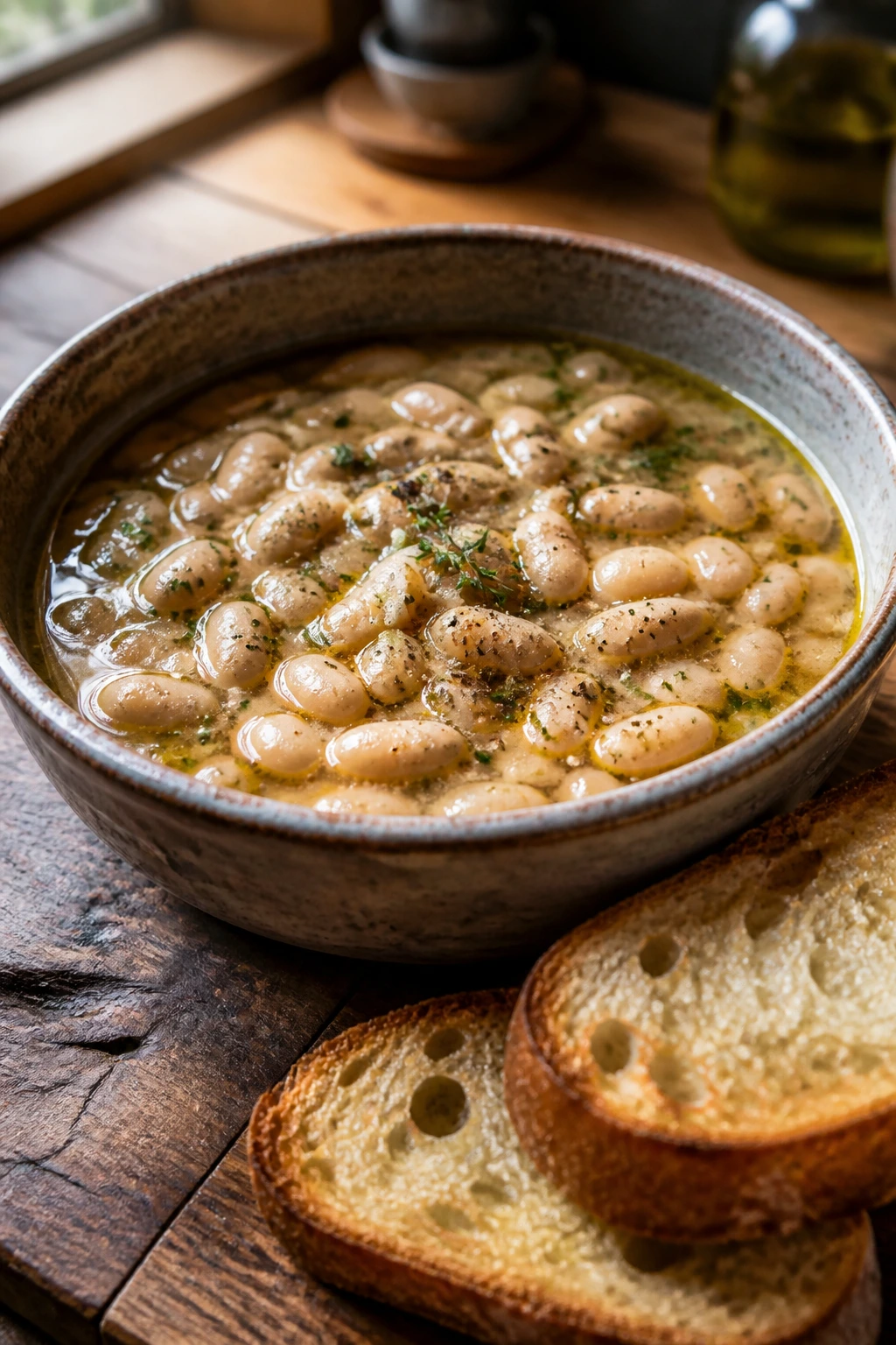 Close-up of brothy cannellini beans with toast in a rustic bowl on a warm kitchen table
