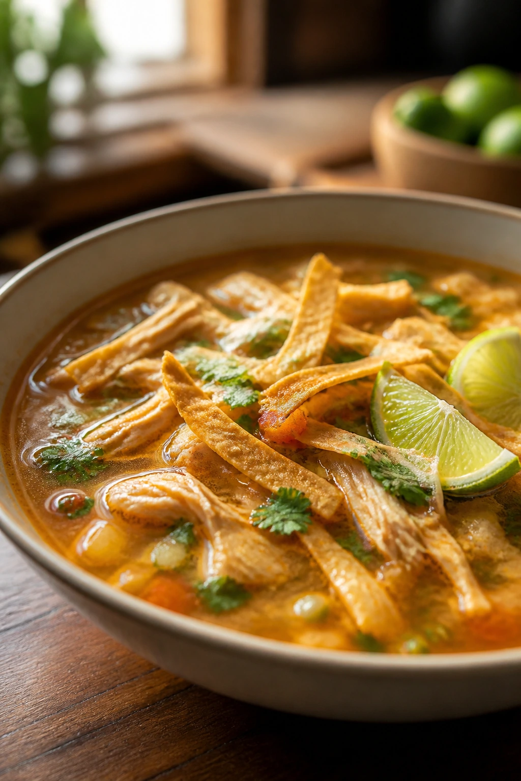 Bright brothy soup with chicken and tortilla strips in a shallow bowl