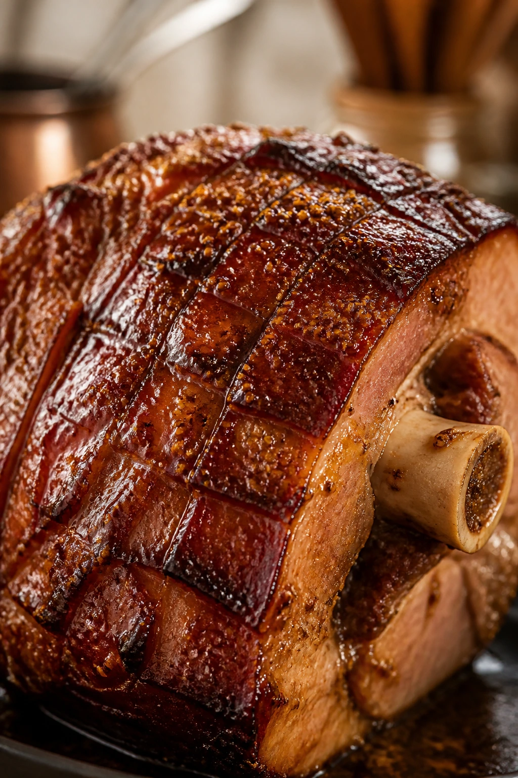 Close-up of ham with brown ale bacon mustard glaze