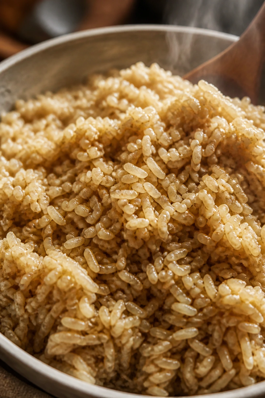 Close-up of fluffy brown basmati rice grains