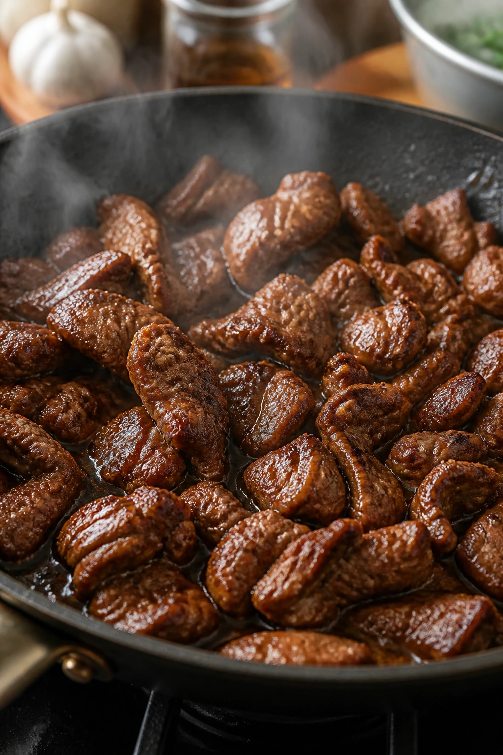 Close-up of browned beef searing in a hot skillet