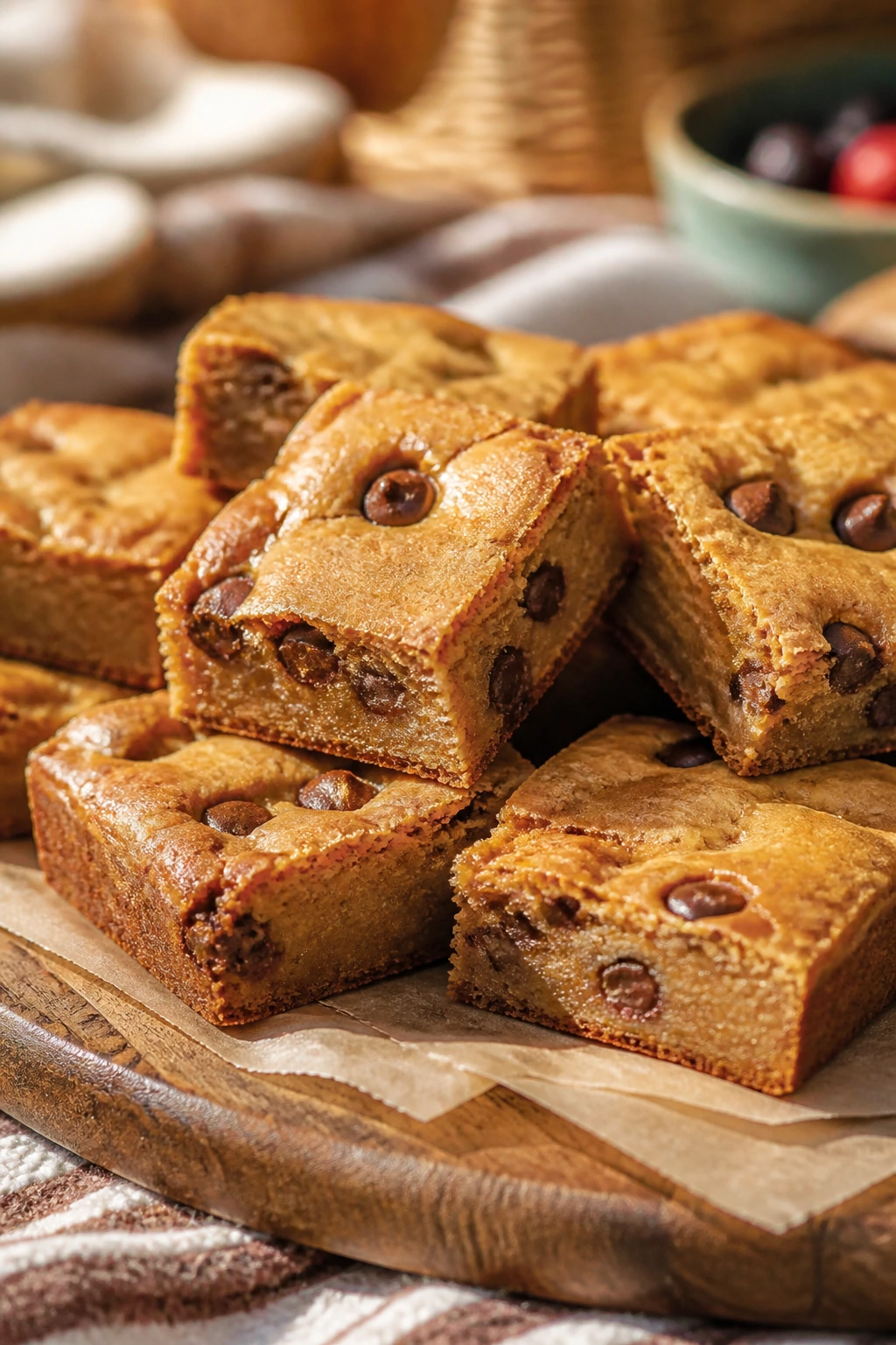 Close-up of brown butter blondie squares on parchment