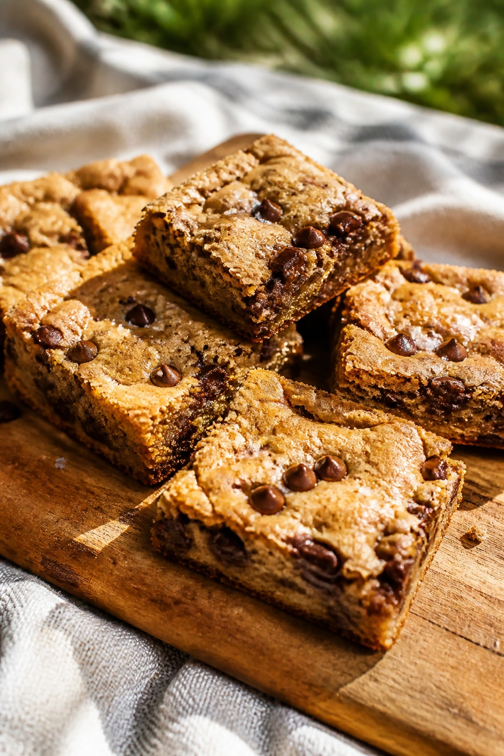 Brown butter chocolate chip blondies on a wooden board at a picnic