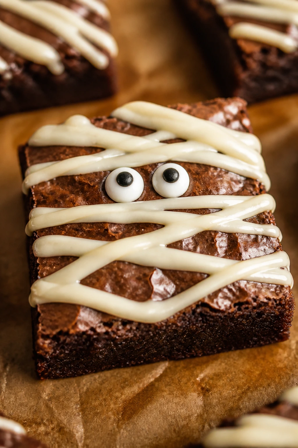 Close-up of Brown Butter Mummy Brownies with a nutty caramel sheen