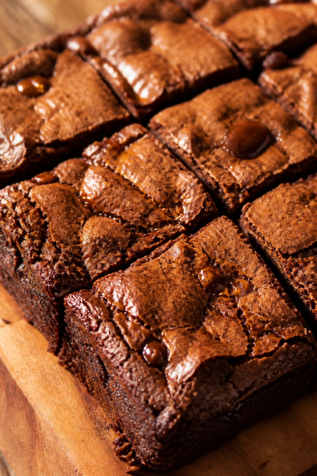 Close-up of Brown Butter Brownies showing crinkled top and butter sheen.