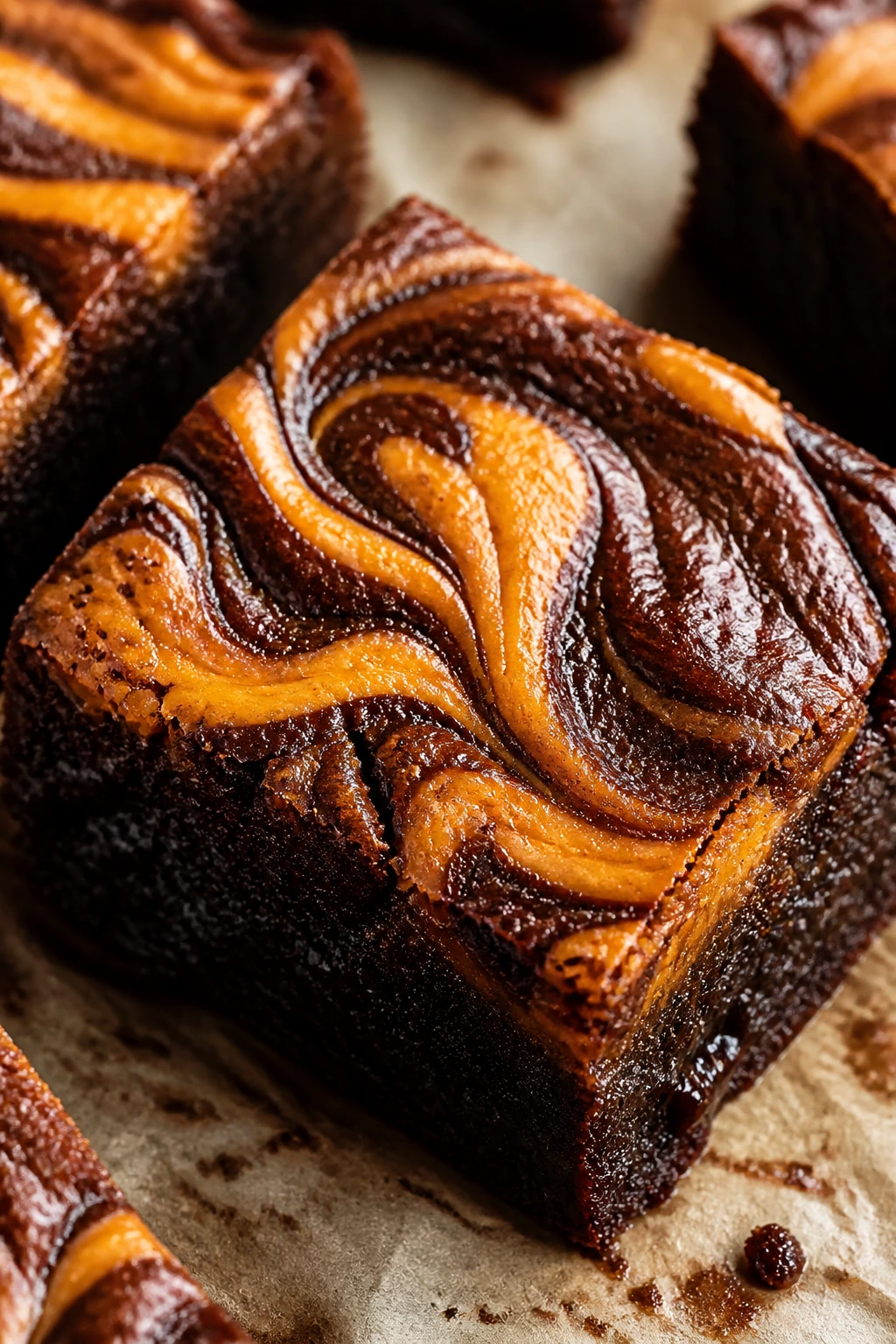 Close-up of brown butter pumpkin swirl brownie with nutty browned edges