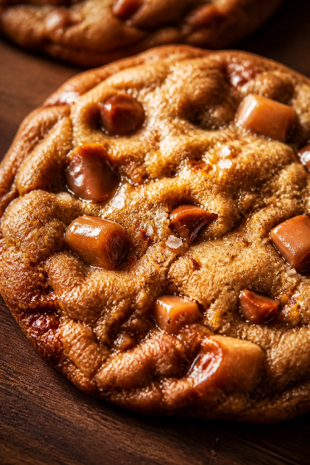 Close-up of a brown butter toffee cookie with toffee bits on a wooden surface.