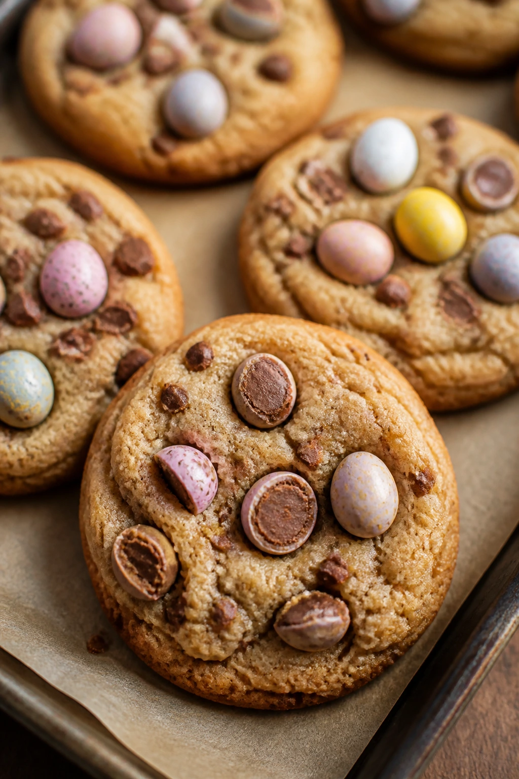 Brown butter cookies with mini egg candies on a baking sheet