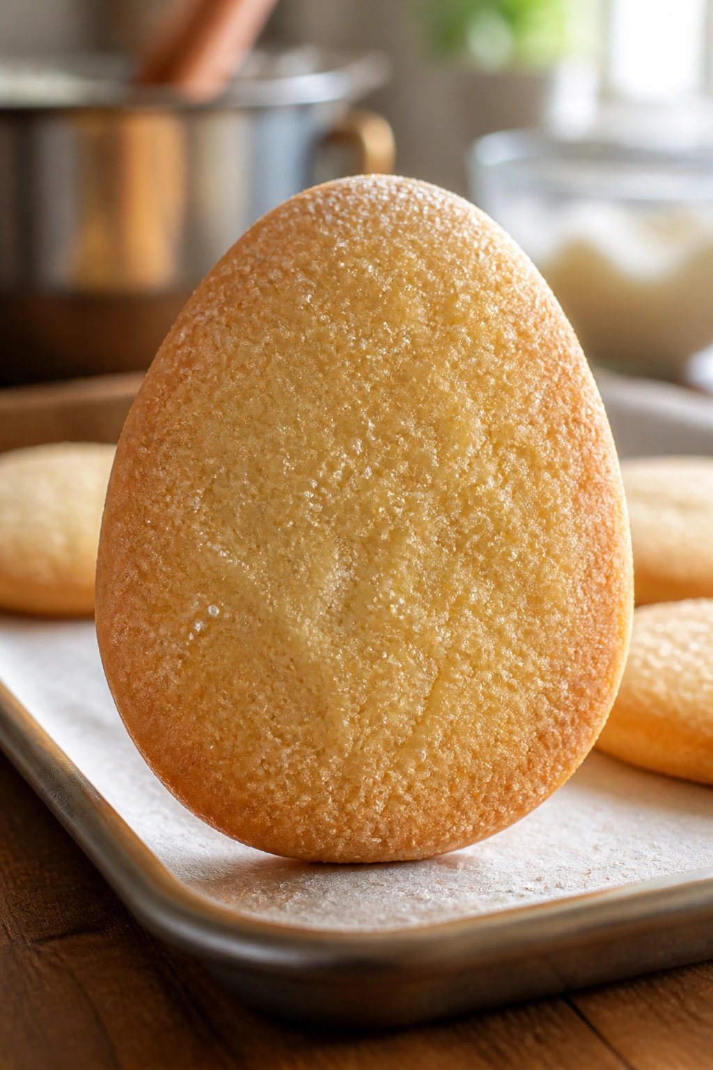 Close-up of a glossy brown butter Easter egg cookie on a wooden counter