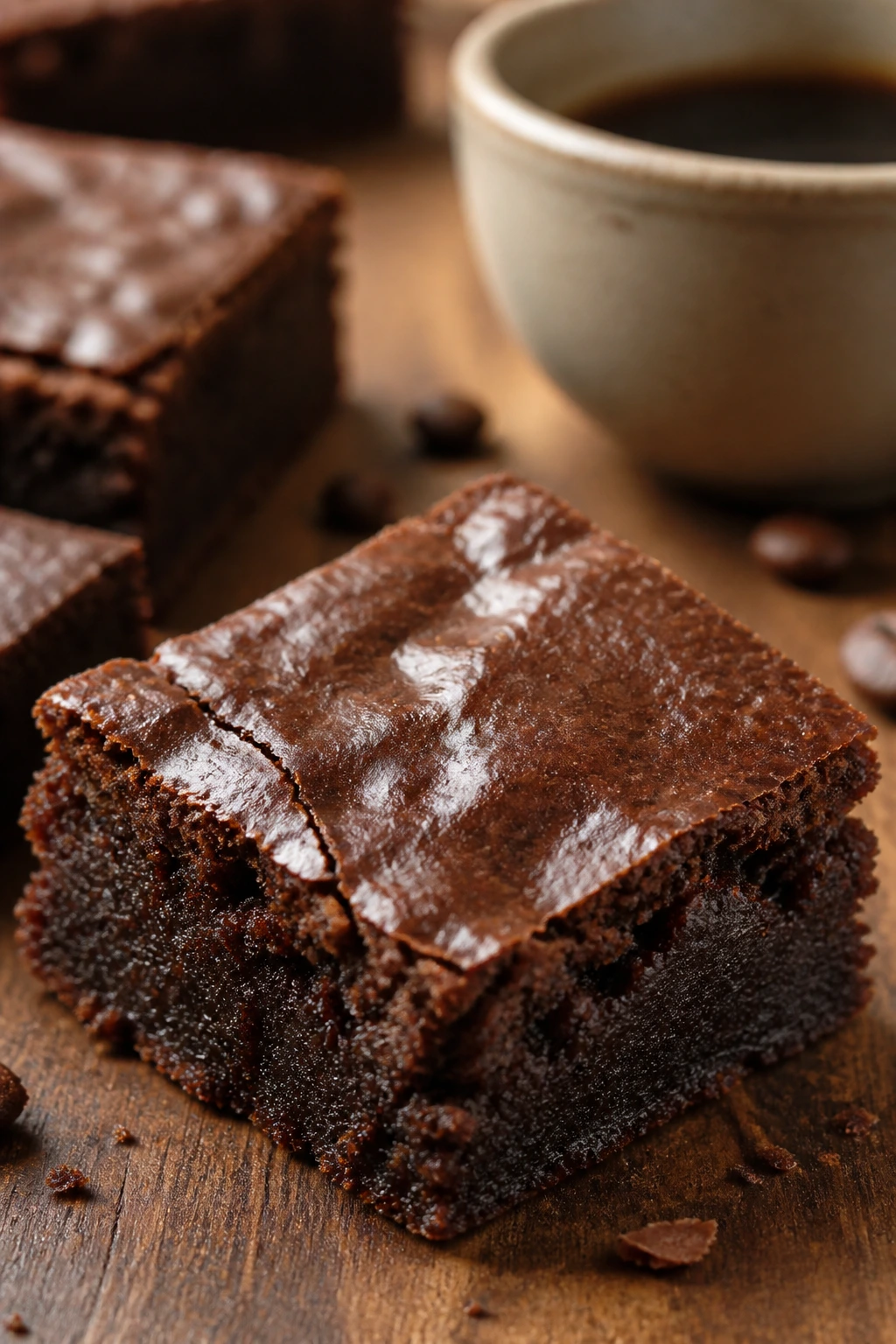 Espresso-bright brownie close-up with coffee backdrop