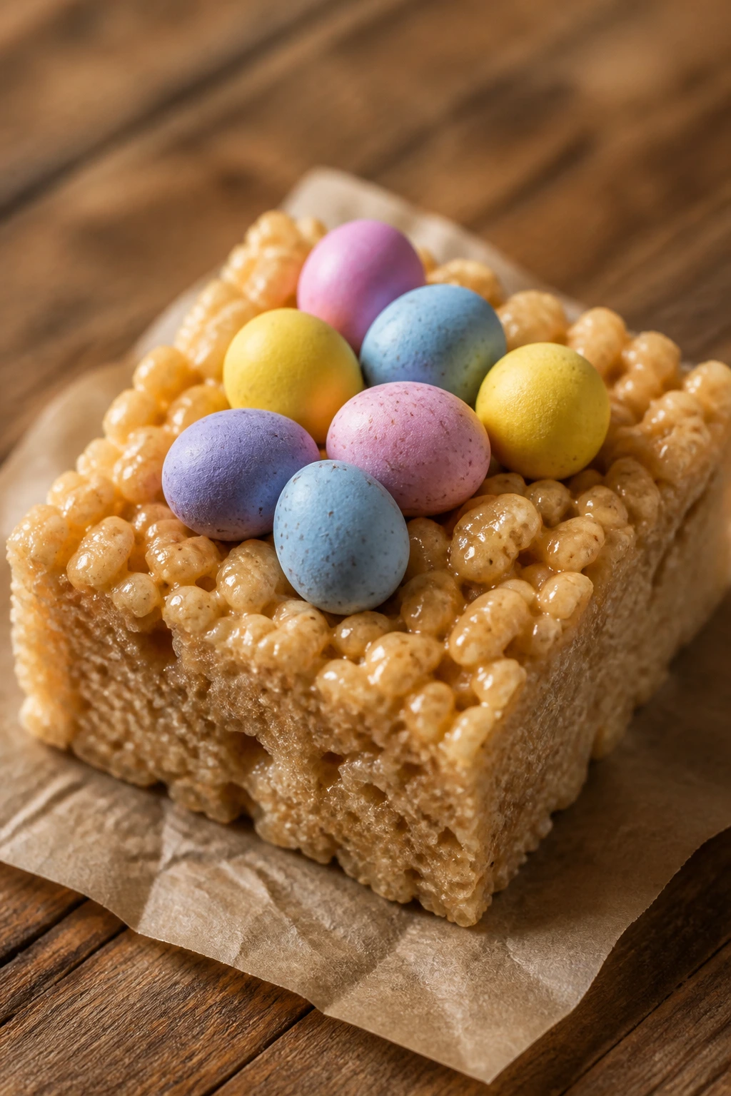 Close-up of a brown butter Rice Krispie square topped with mini eggs