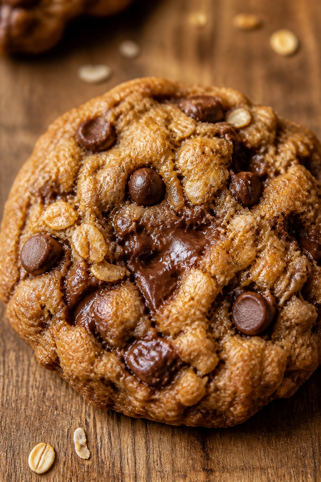 Close-up of a brown butter chocolate chip oatmeal cookie on a wooden board