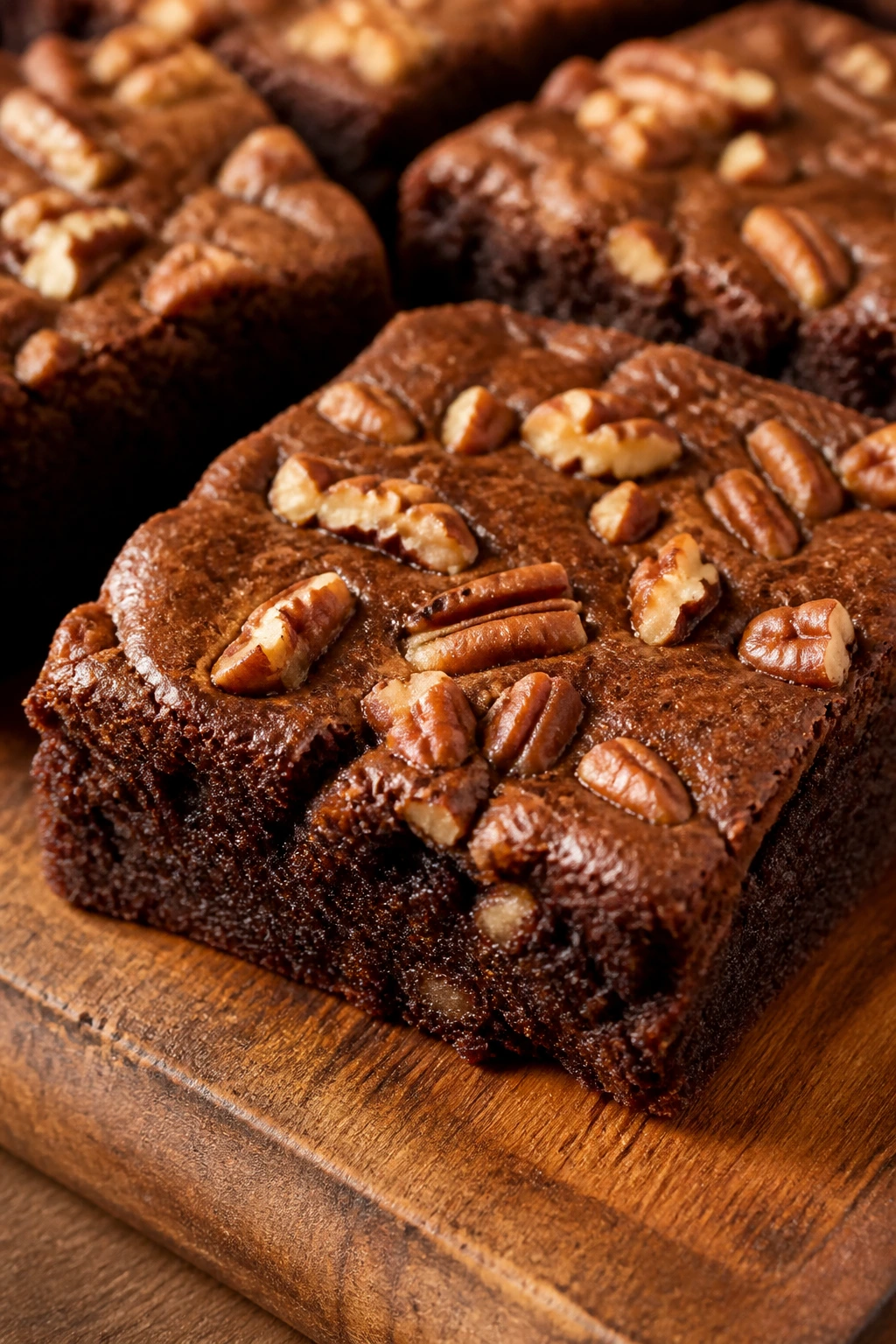 Close-up of brown butter pecan brownie with pecans on a wooden board