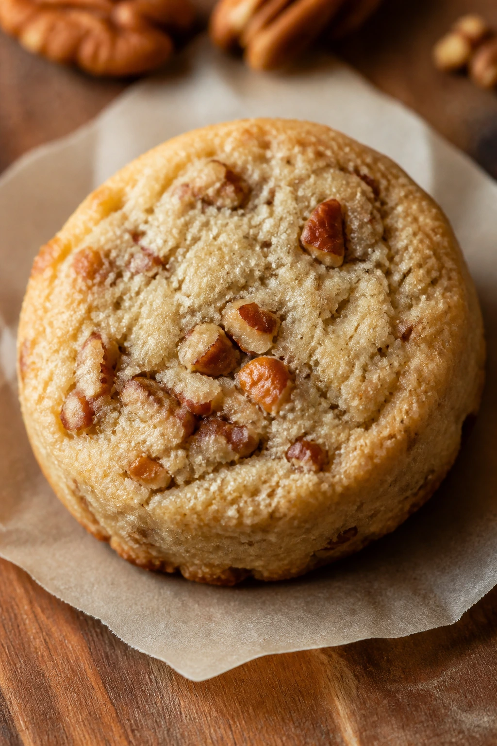 Brown butter pecan sandies cookie on parchment