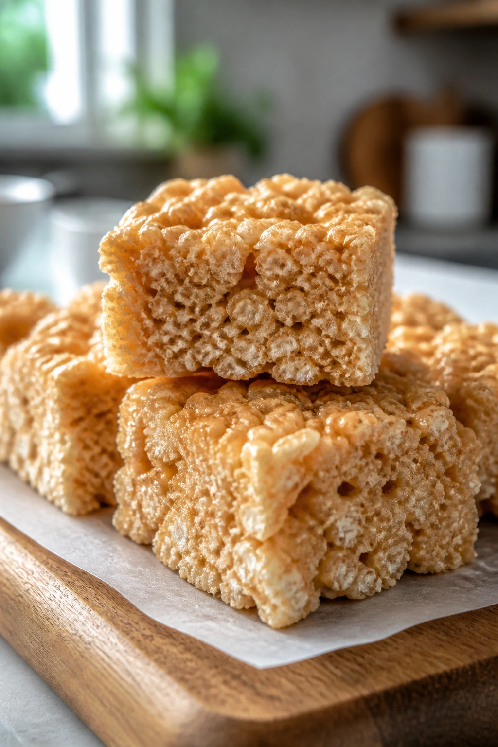 Close-up of brown butter Rice Krispie Treats on parchment on a wooden board.