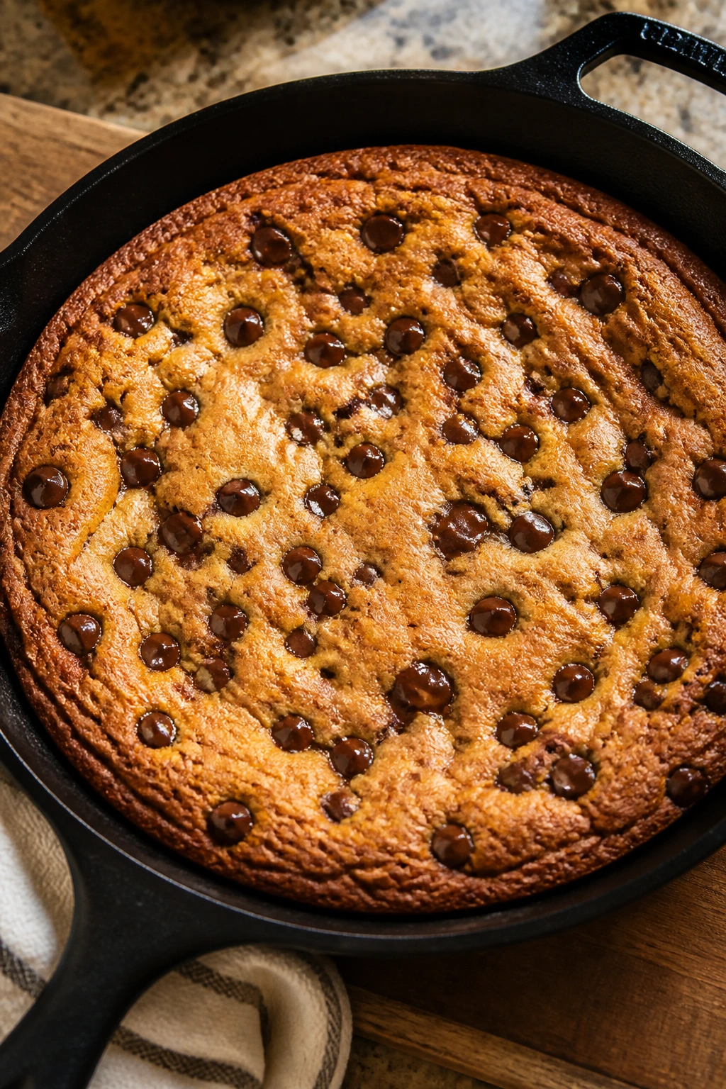 Brown butter skillet cookie with chocolate chips in cast-iron pan