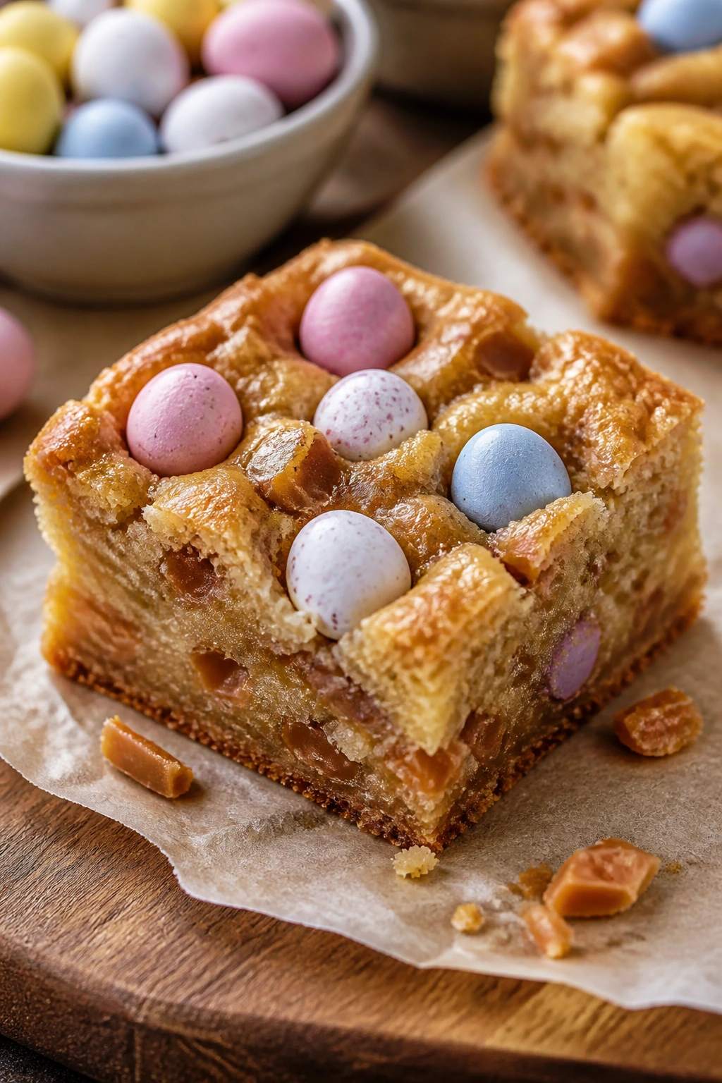 Close-up of Brown Butter Toffee Bar with toffee bits and mini eggs on top.