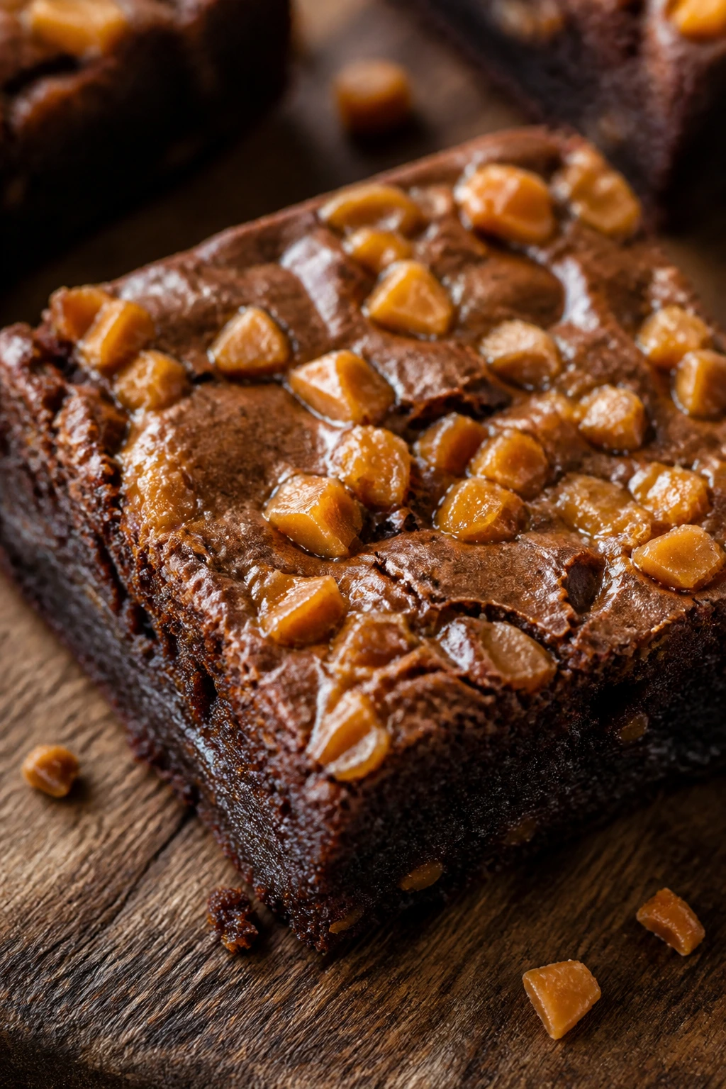 Close-up of Brown Butter Toffee Brownies with toffee bits on top