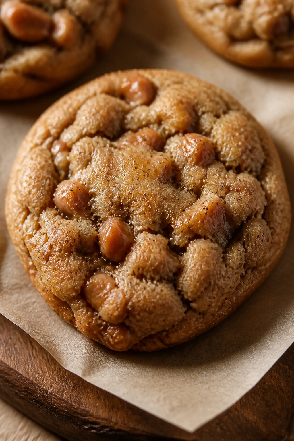 Close-up of a brown butter toffee cookie with toffee bits on parchment