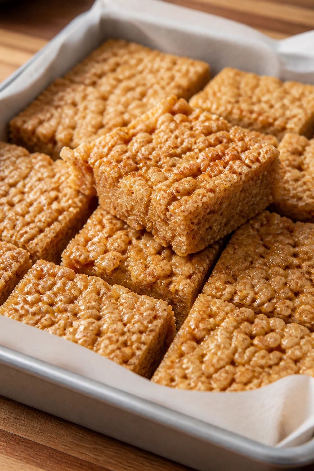 Close-up of Brown Butter Rice Krispie Treats on parchment in warm kitchen light