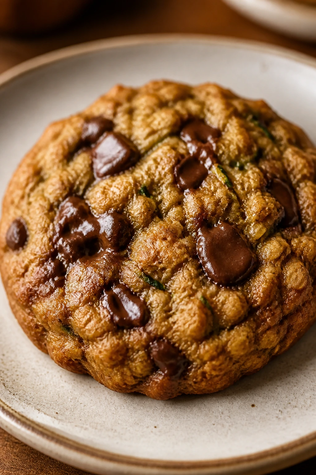 Close-up of a brown butter zucchini oatmeal cookie with chocolate chips