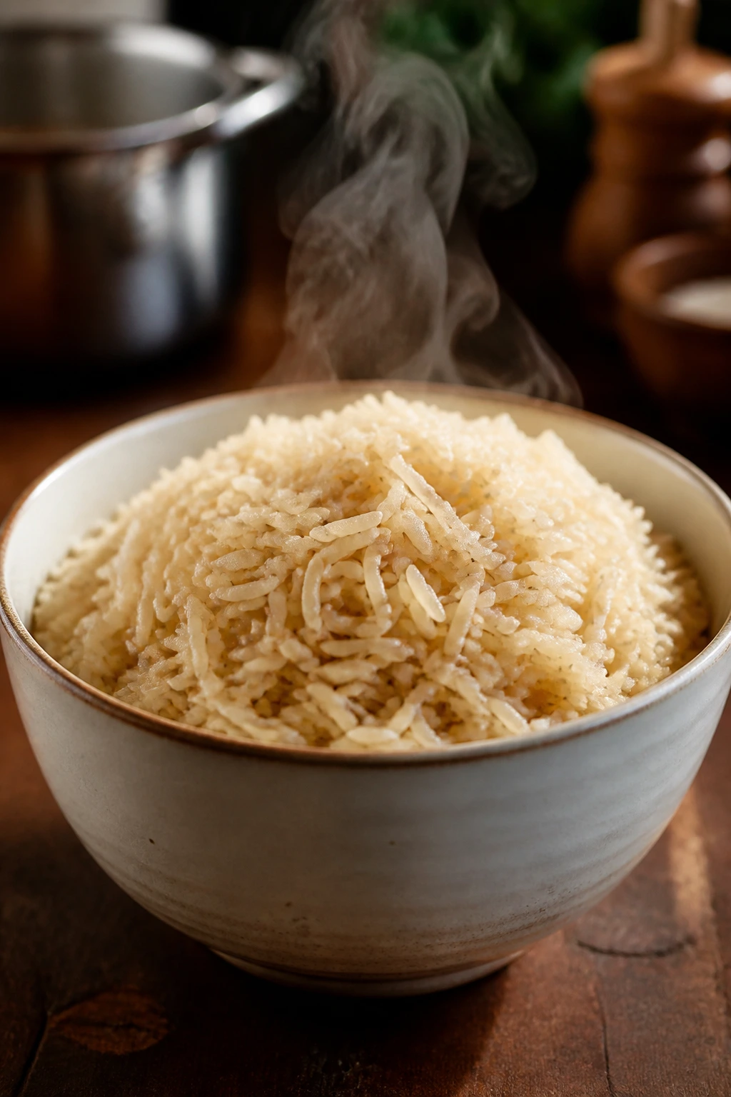 Fluffy brown basmati rice in a bowl with steam