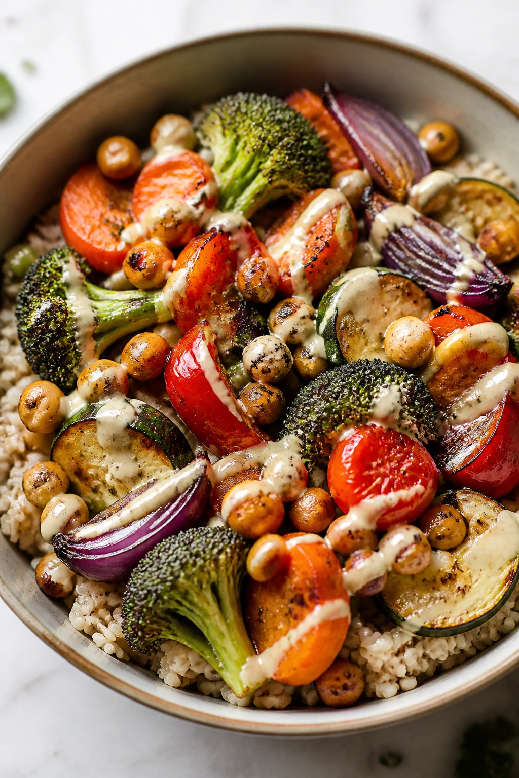 Bowl of brown rice with mixed roasted vegetables and chickpeas, tahini drizzle