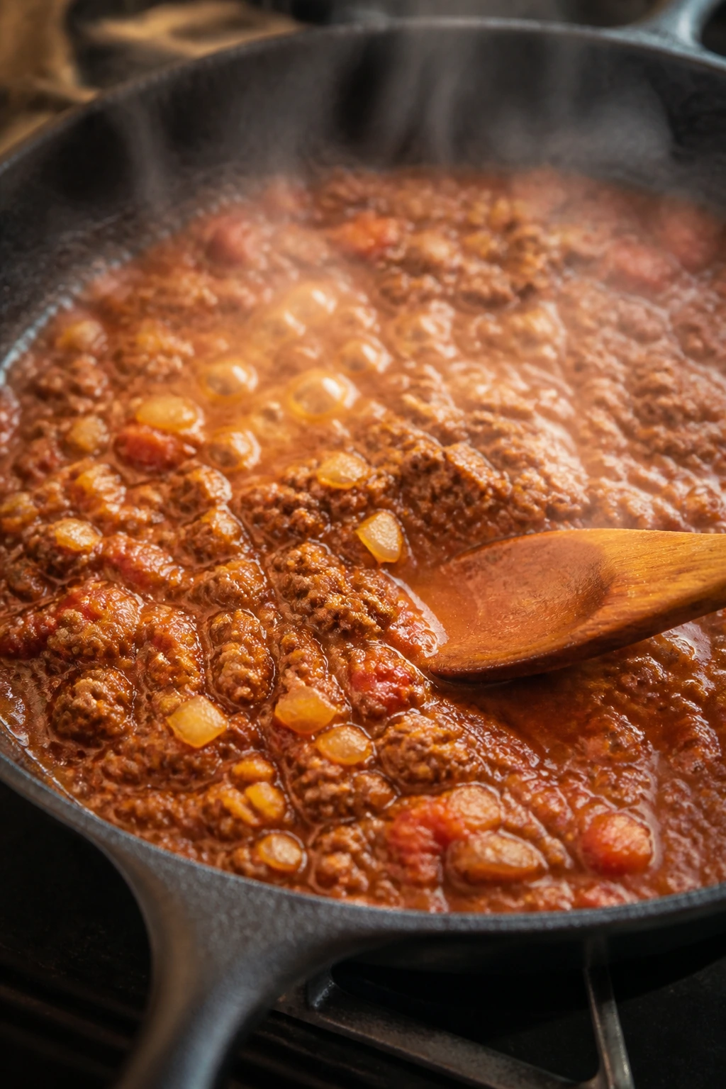 Skillet browning with onions and sauce simmering