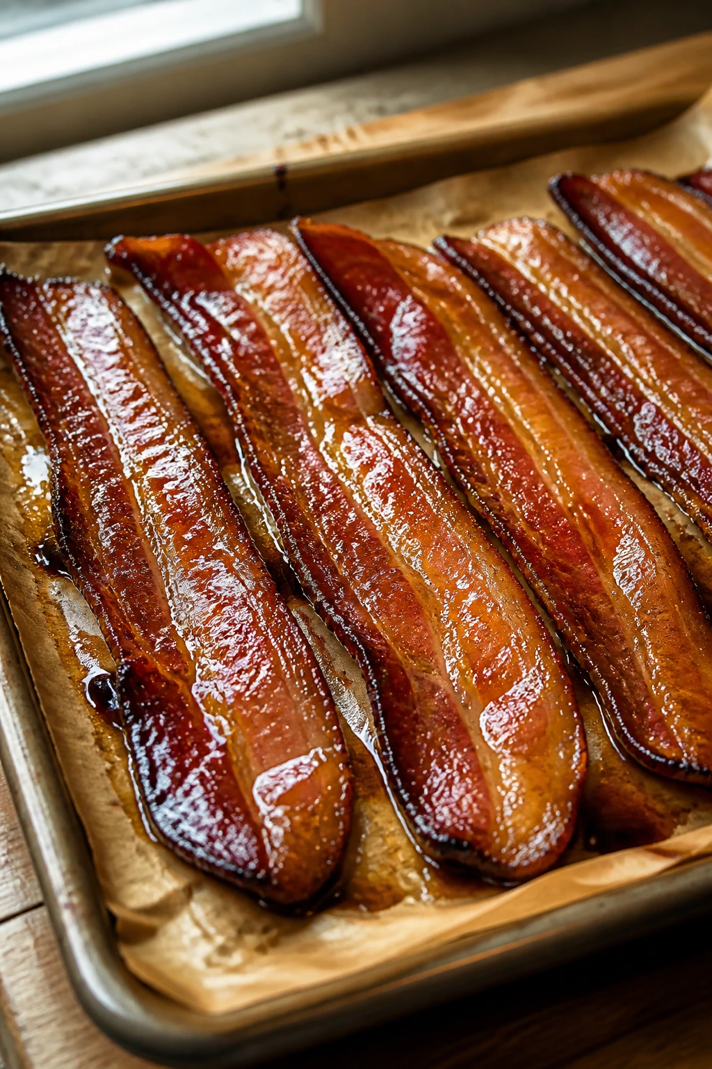 Close-up of thick-cut bacon with glossy brown sugar glaze on parchment, caramelized edges