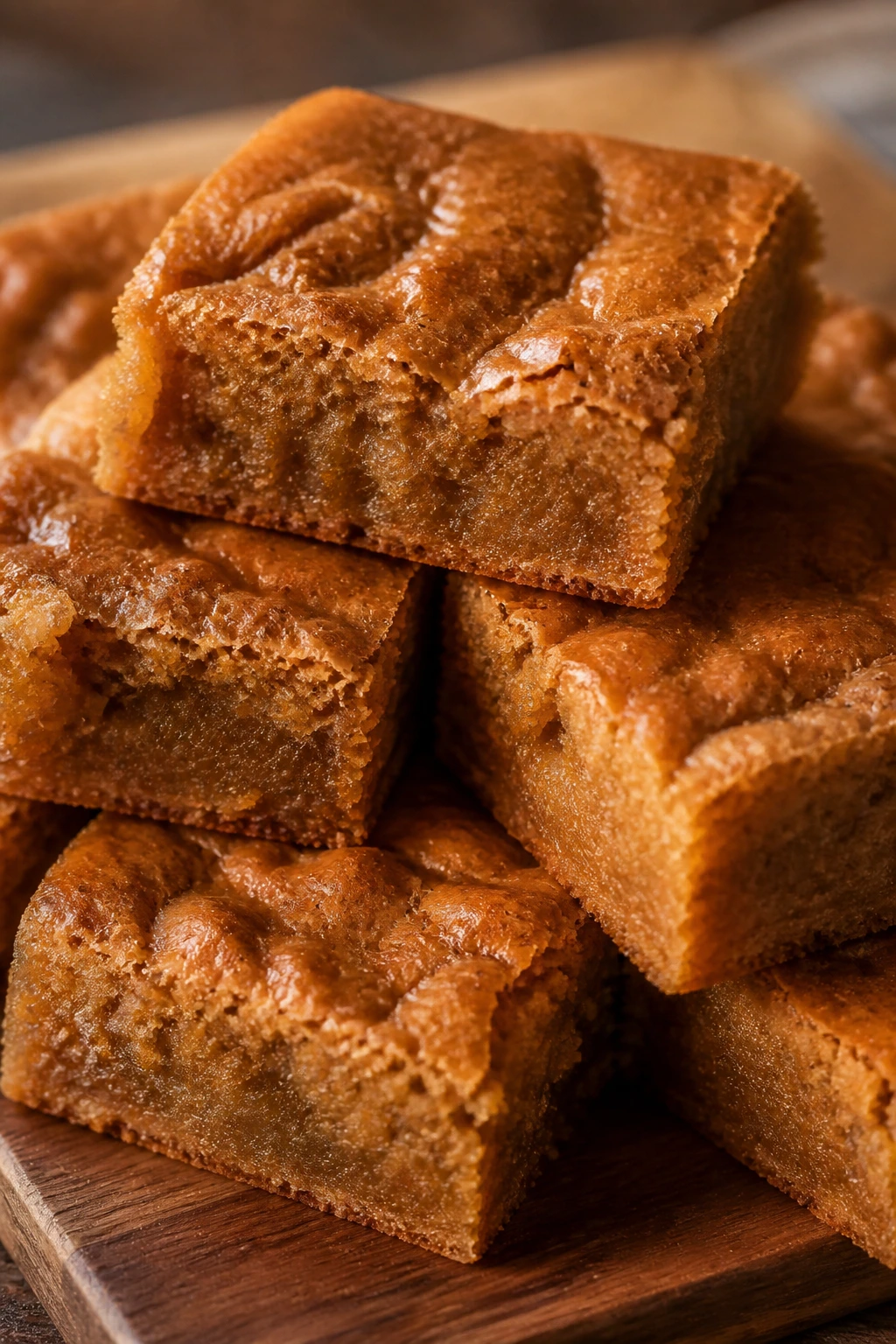 Close-up of chewy, fudgy brown sugar blondies with a crackly top on a wooden board.