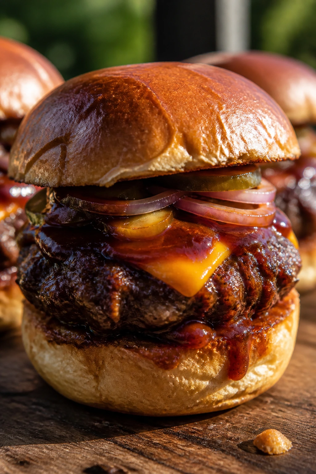 Juicy brown sugar beef burger with cheddar on a wooden surface outdoors