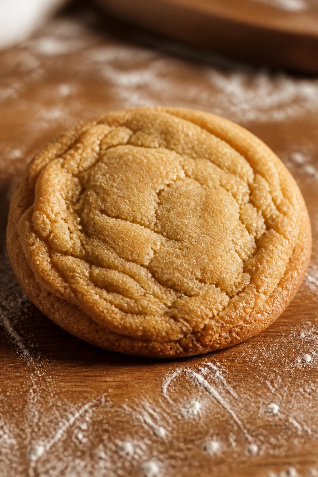 Close-up of a chewy brown sugar cookie on a wooden surface.