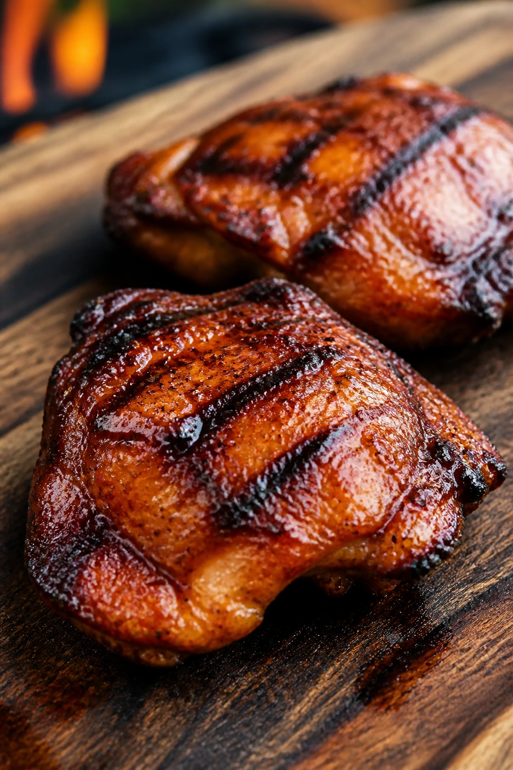 Close-up of glazed brown sugar chicken thighs on a wooden board