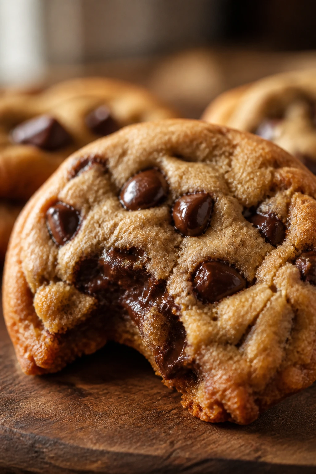 Close-up of a brown sugar chocolate chip cookie showing chewy texture and melted chips