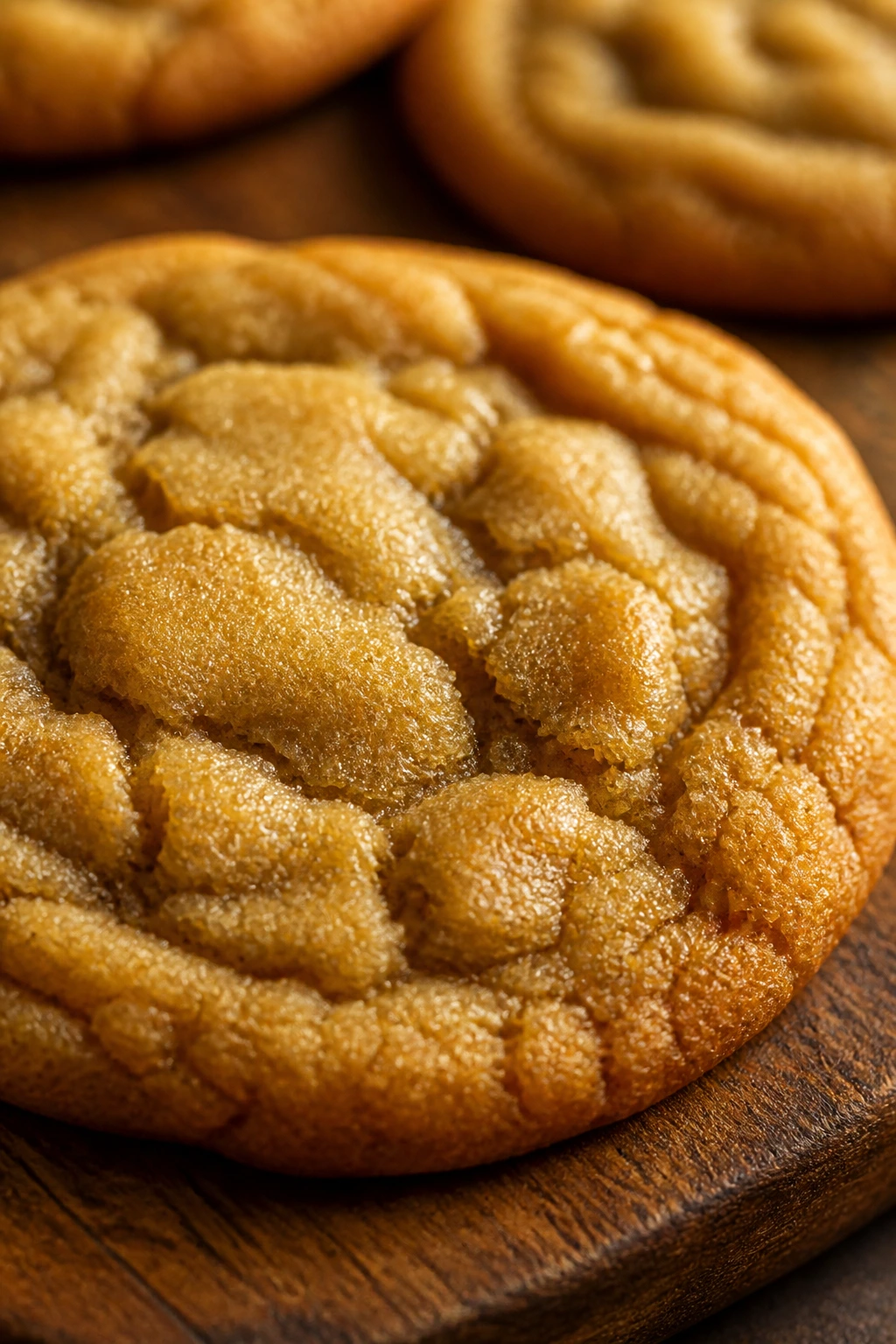 Soft chewy brown sugar cookie with a golden edge on a wooden surface