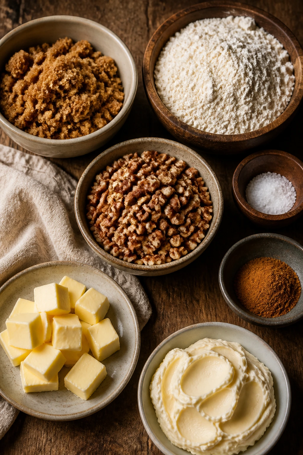 Overhead view of key baking ingredients for the pecan crumble