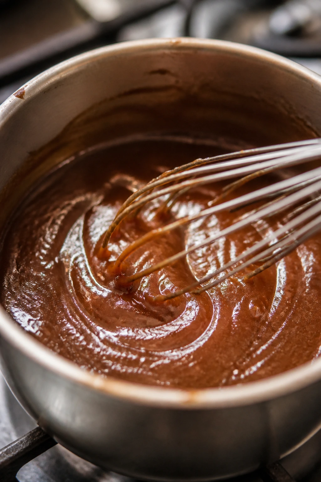 Glossy brown sugar glaze swirling in small saucepan