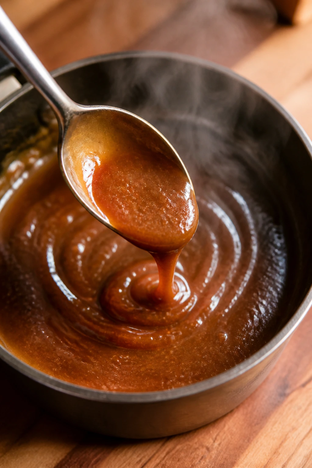 Glossy brown sugar glaze in pan ready to reduce