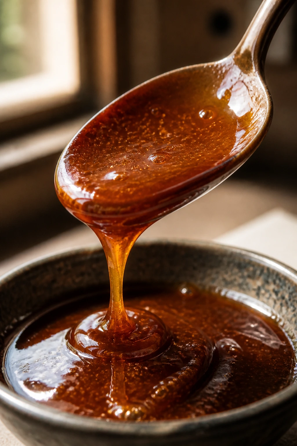 Close-up of glossy amber brown sugar glaze on a spoon in a warm kitchen