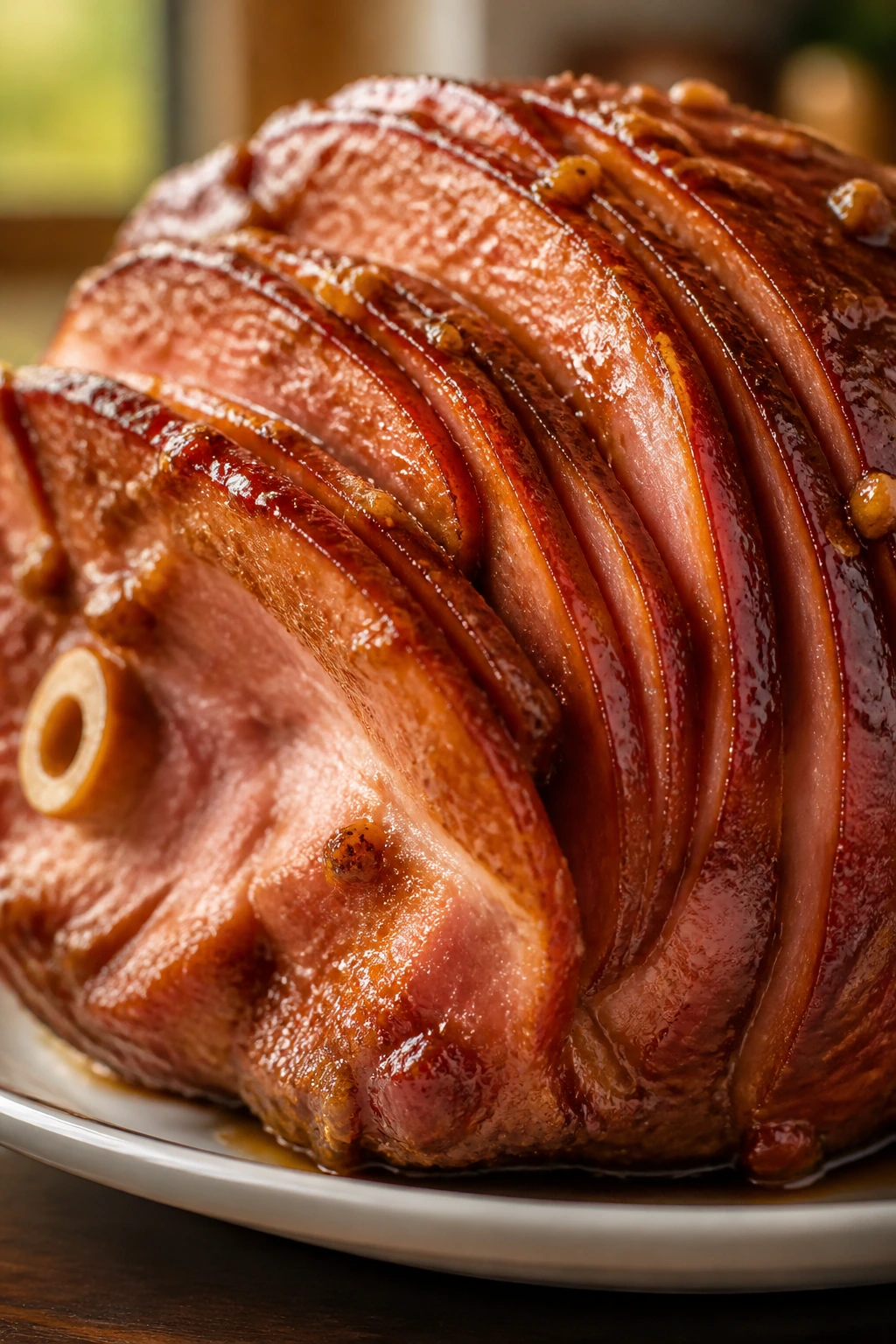 Close-up of glossy brown sugar glazed spiral ham on a platter in warm kitchen
