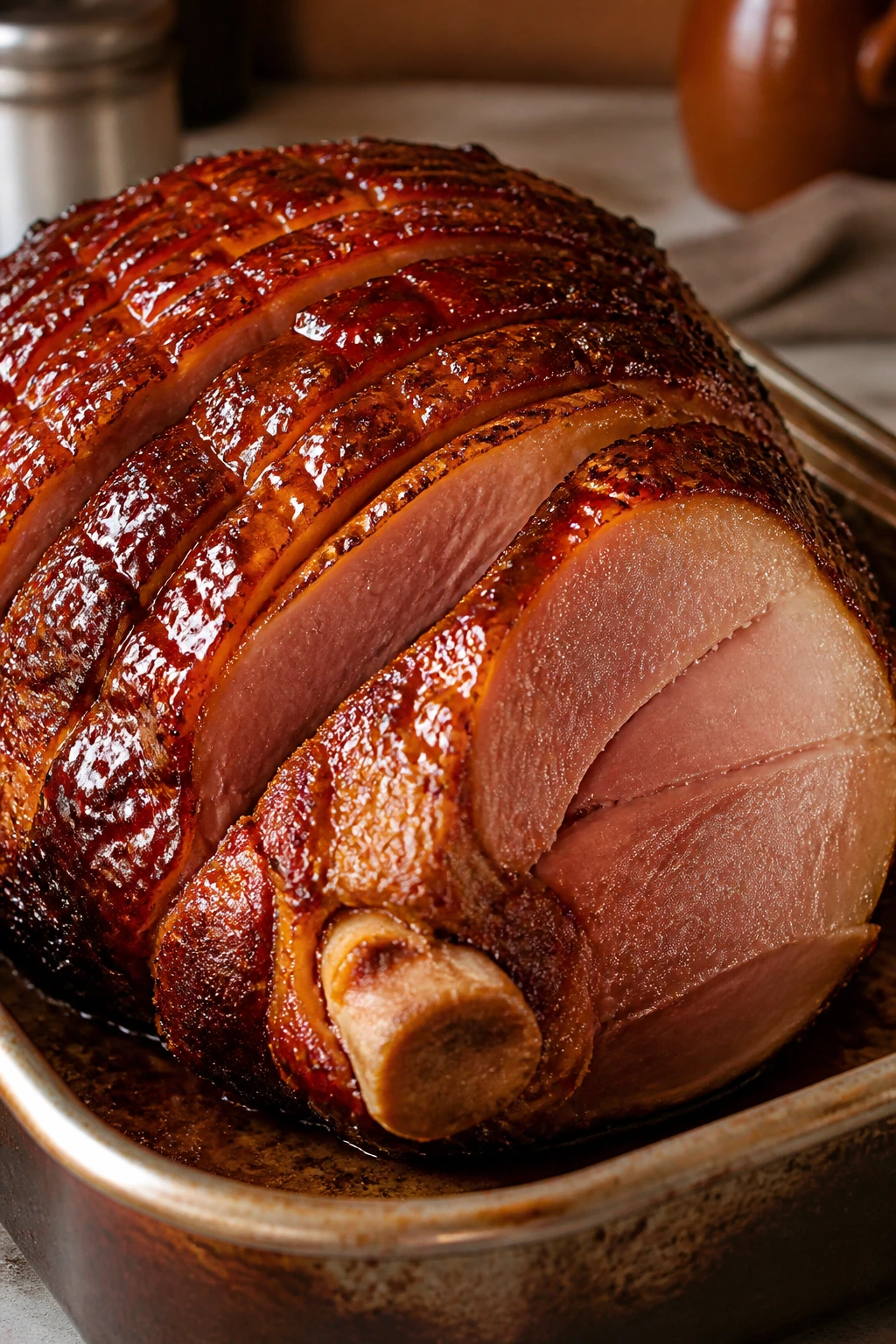 Close-up of bone-in ham with glossy brown sugar glaze on a warm kitchen counter