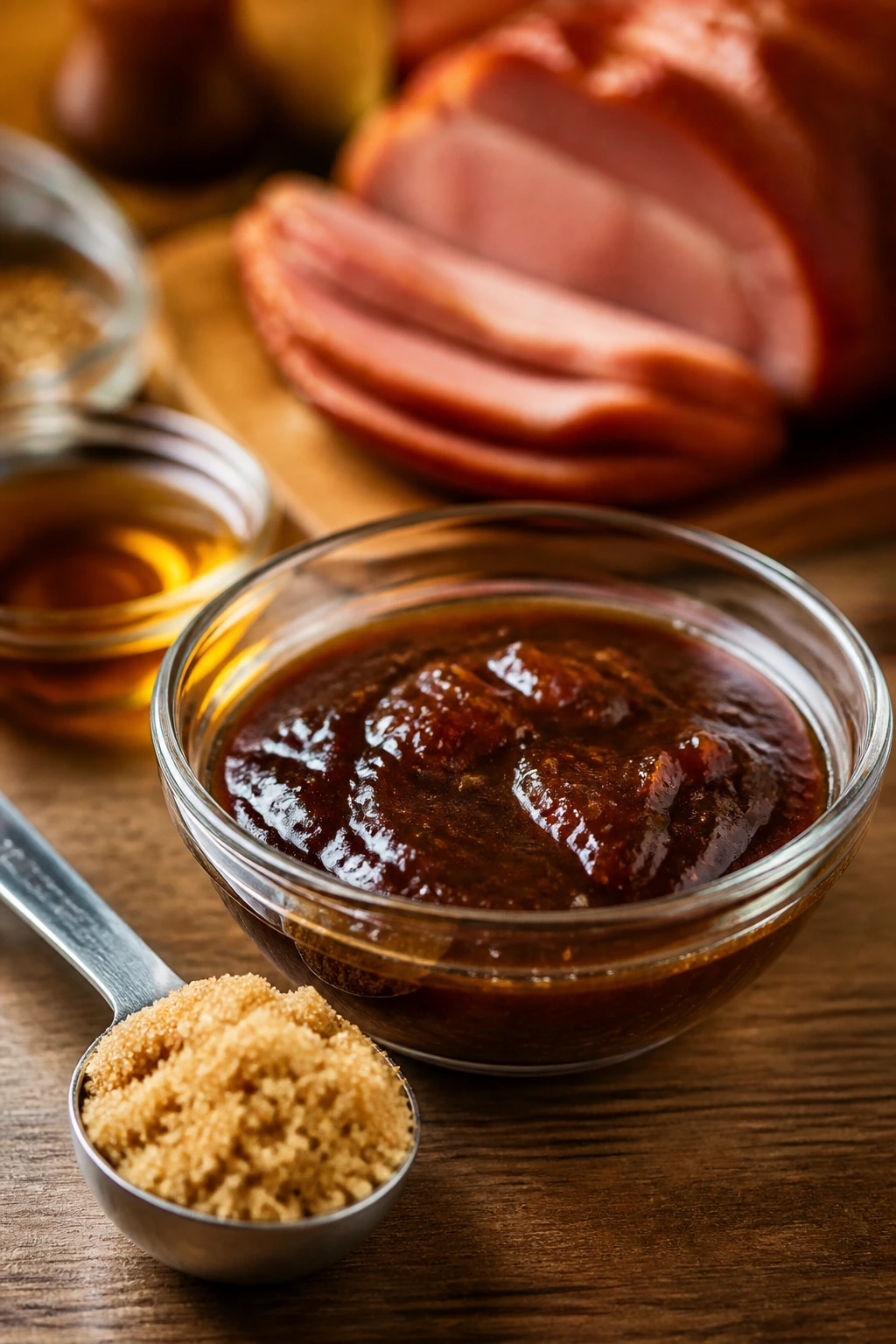 Macro shot of brown sugar glaze ingredients in small dish