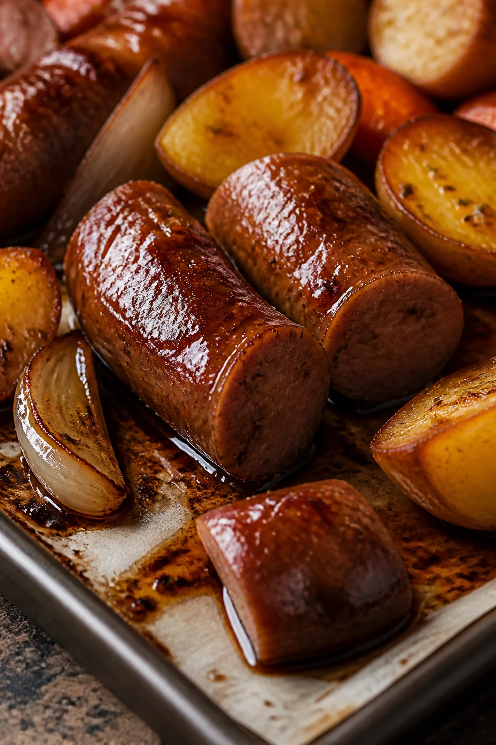Close-up of glossy brown sugar glaze on browned sausage edges