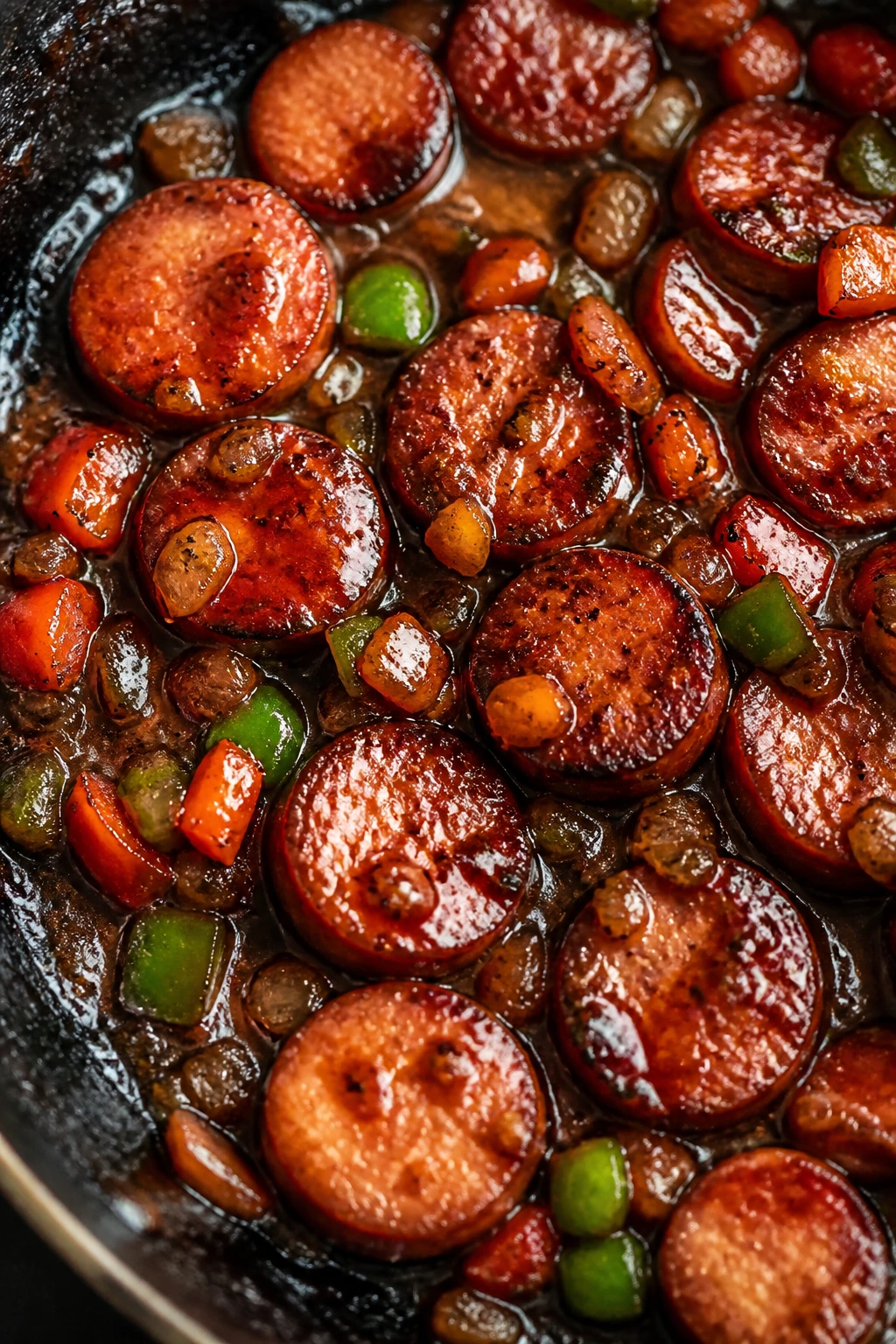 Glossy glaze coating sausage coins in a skillet