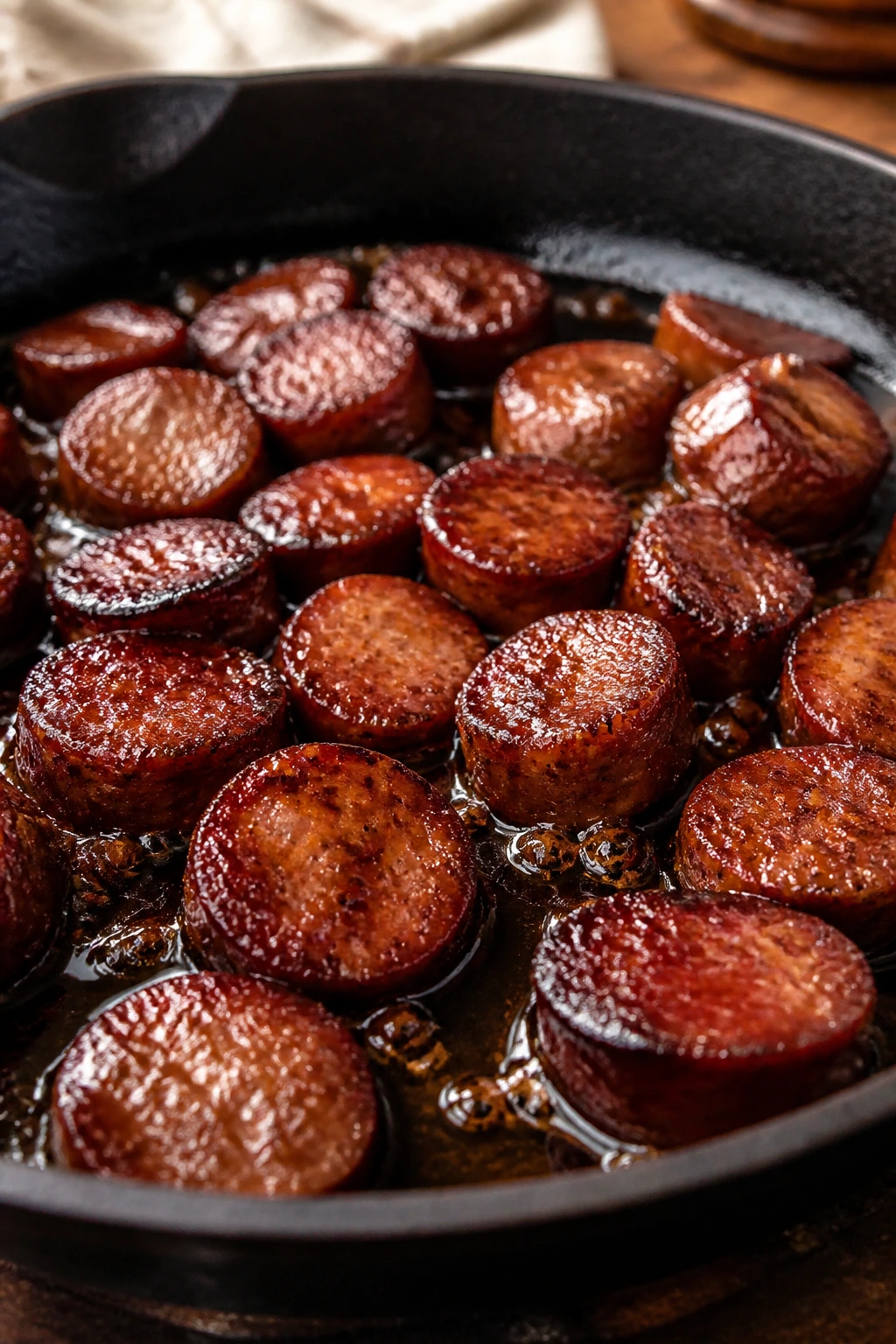 Close-up of browned sausage with glossy brown sugar glaze in a skillet