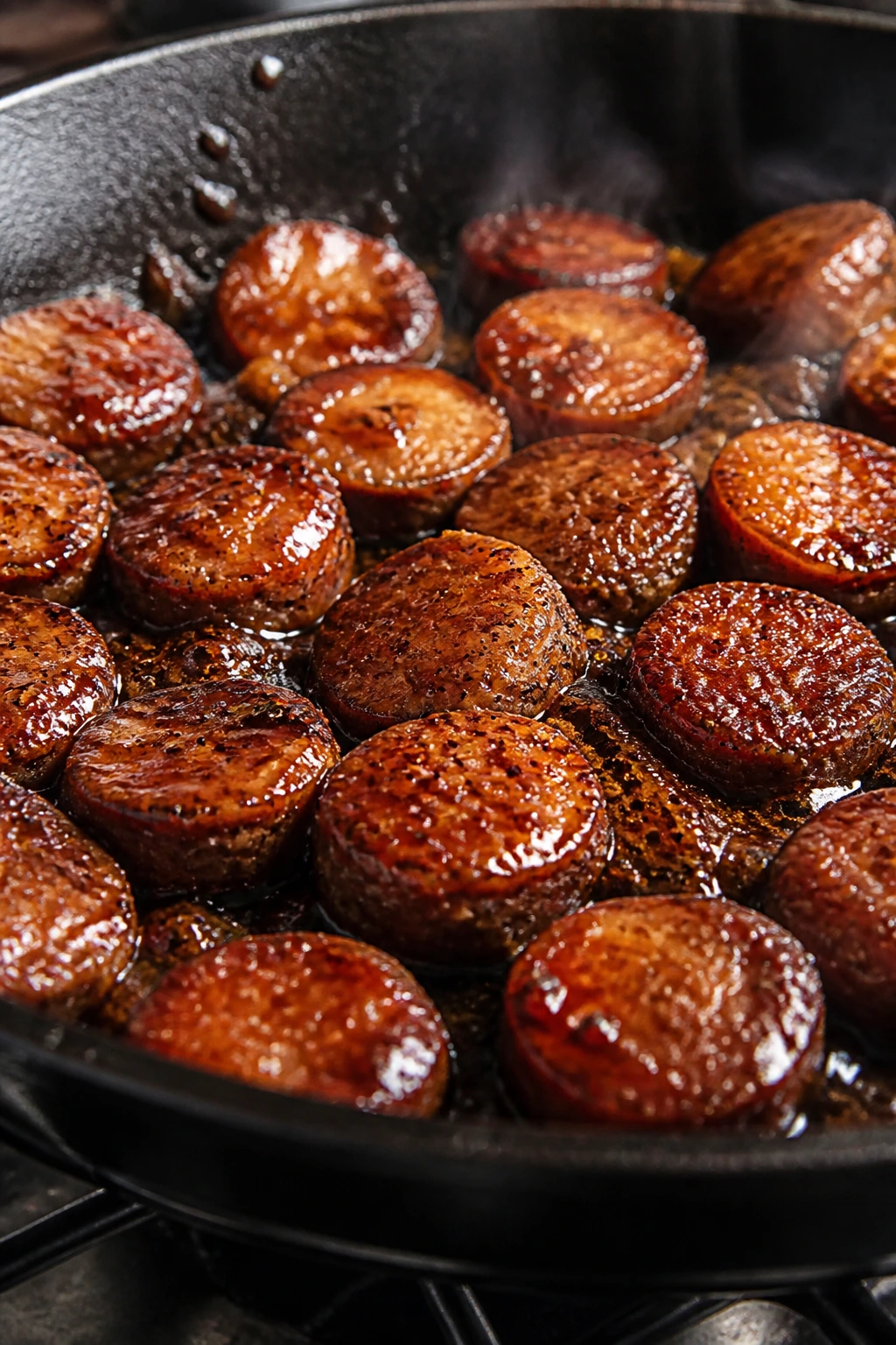 Glossy brown sugar glaze clinging to sausage coins in a skillet